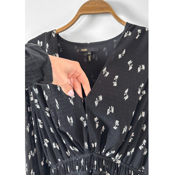 Maje Rionana V-Neck Bow Print Mini Dress size 42 or XL - Picture 4 of 12